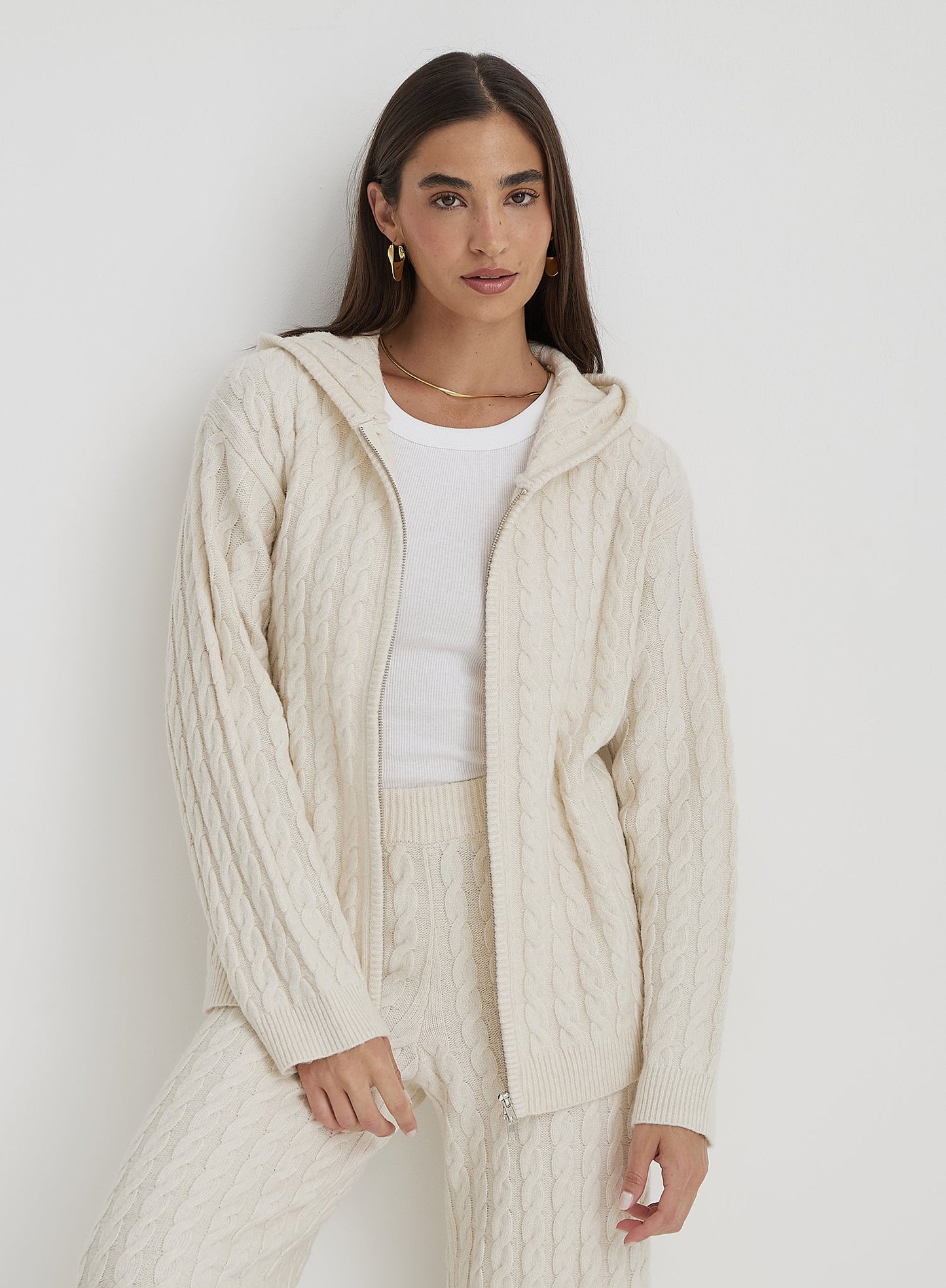Glamaura™- Cream Cable Knit Zip Hoodie