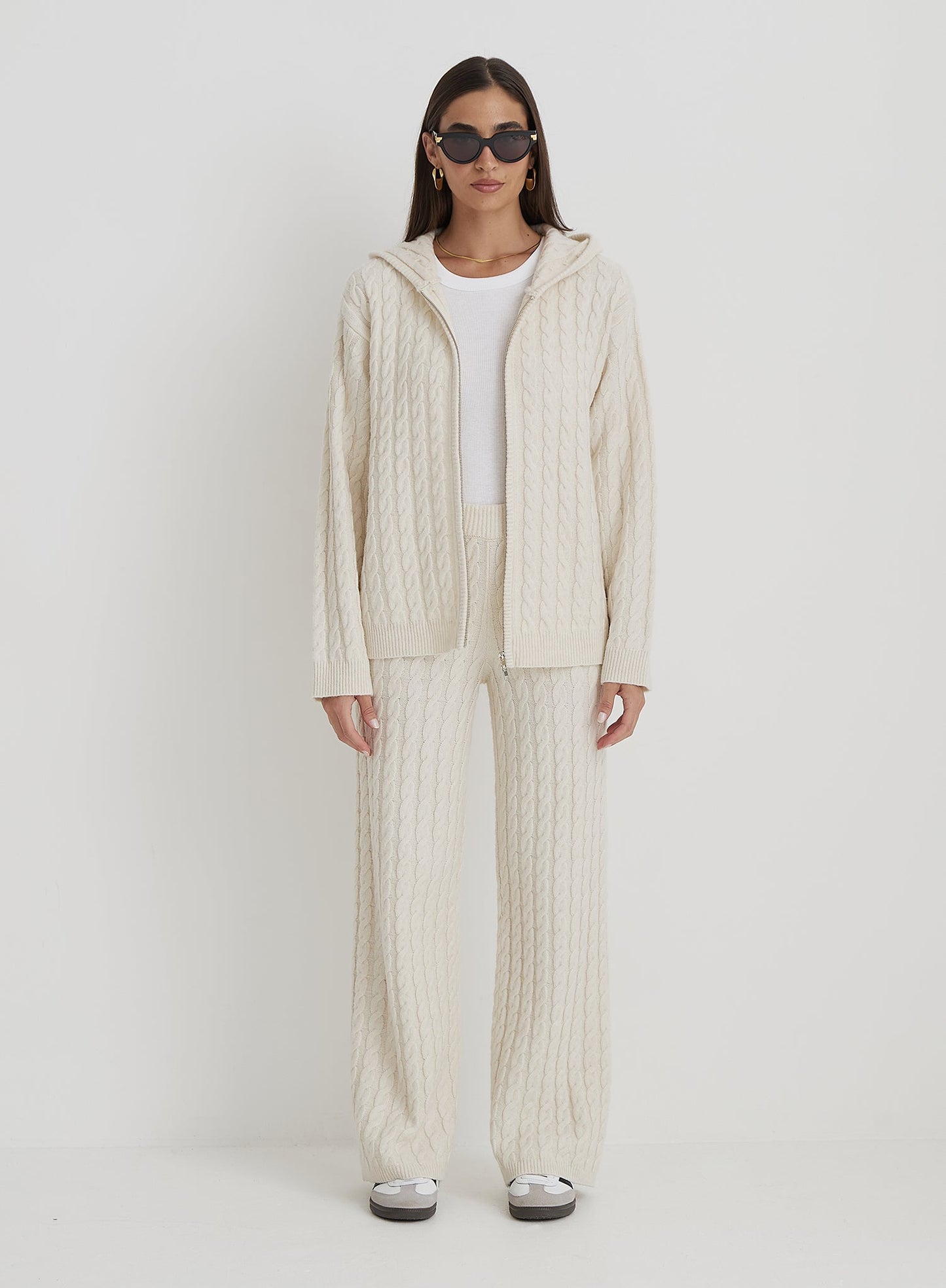 Glamaura™- Cream Cable Knit Zip Hoodie
