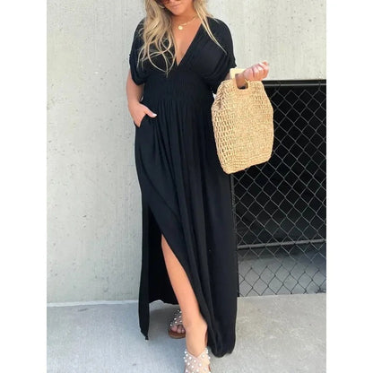 Glamaura™- Bat-sleeved V-neck Maxi Dress