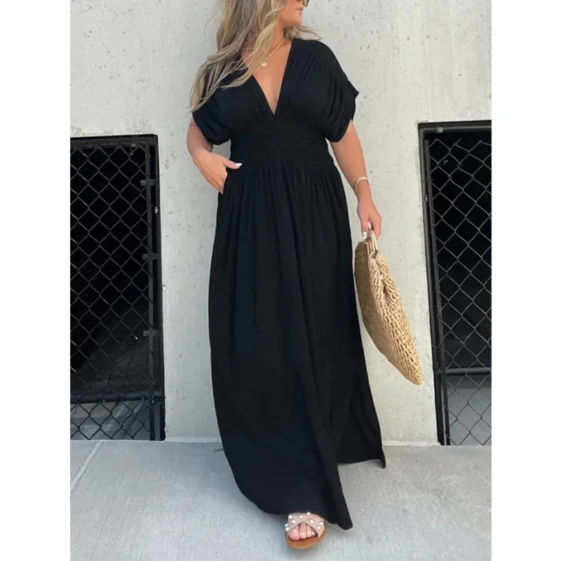 Glamaura™- Bat-sleeved V-neck Maxi Dress