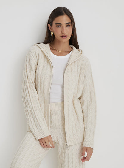 Glamaura™- Cream Cable Knit Zip Hoodie