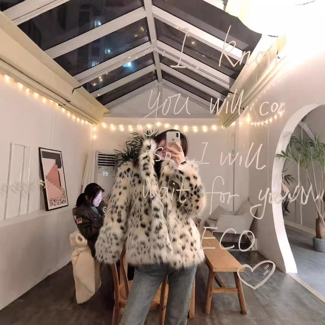 Glamaura™- Snow Leopard Faux Fur Coat