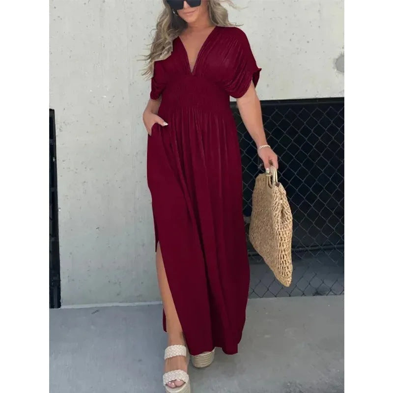 Glamaura™- Bat-sleeved V-neck Maxi Dress